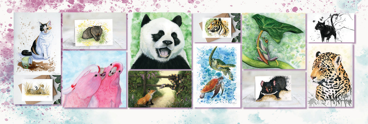 Grid of various animal illustrations on a colorful background